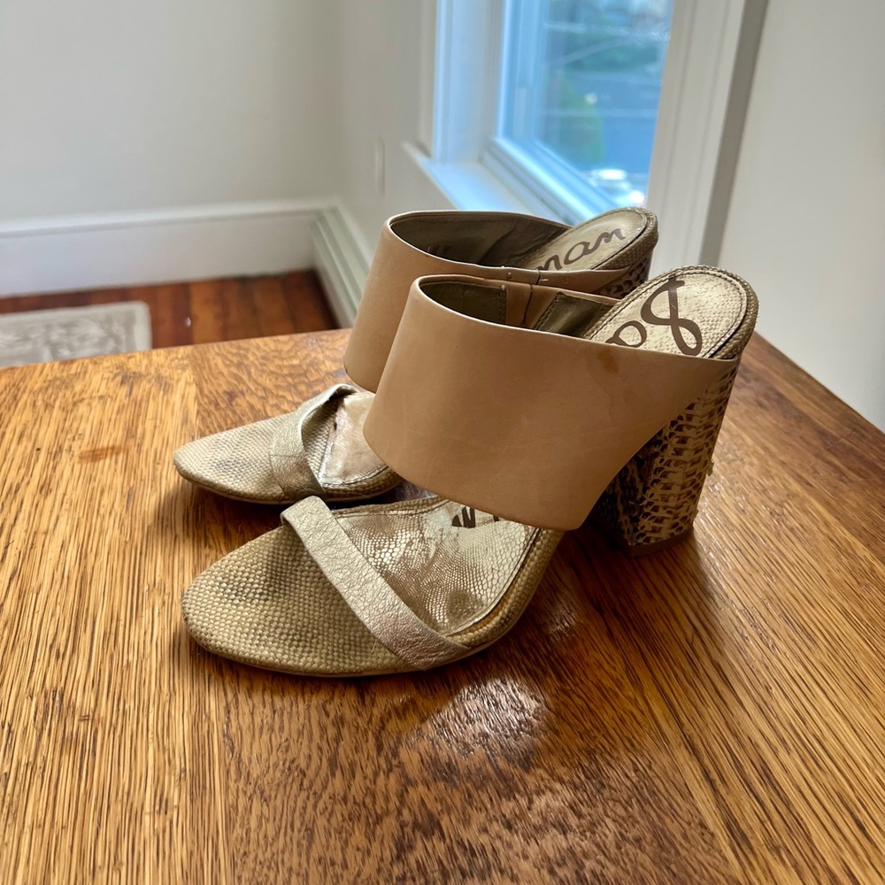 Sam Edelman Tan and Silver Mules